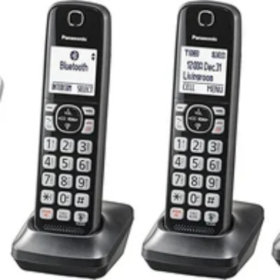 Panasonic Link2Cell Bluetooth Cordless Phone System with Voice Assistant, Call Block and Answering Machine, Expandable Home Phone with 5 Handsets â€“ KX-TGF575S (Black with Silver Trim)