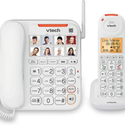 VTech SN5147 Amplified Corded/Cordless Senior Phone with Answering Machine, Call Blocking, 90dB Extra-loud Visual Ringer, One-touch Audio Assist on Handset up to 50dB, Big Buttons and Large Display