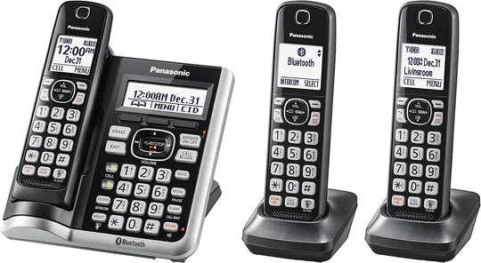 Panasonic Link2Cell Bluetooth Cordless Phone System with Voice Assistant, Call Blocking and Answering Machine. DECT 6.0 Expandable Cordless System - 3 Handsets - KX-TGF573S (Black/Silver Trim) - Image 2