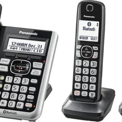 Panasonic Link2Cell Bluetooth Cordless Phone System with Voice Assistant, Call Blocking and Answering Machine. DECT 6.0 Expandable Cordless System – 3 Handsets – KX-TGF573S (Black/Silver Trim)